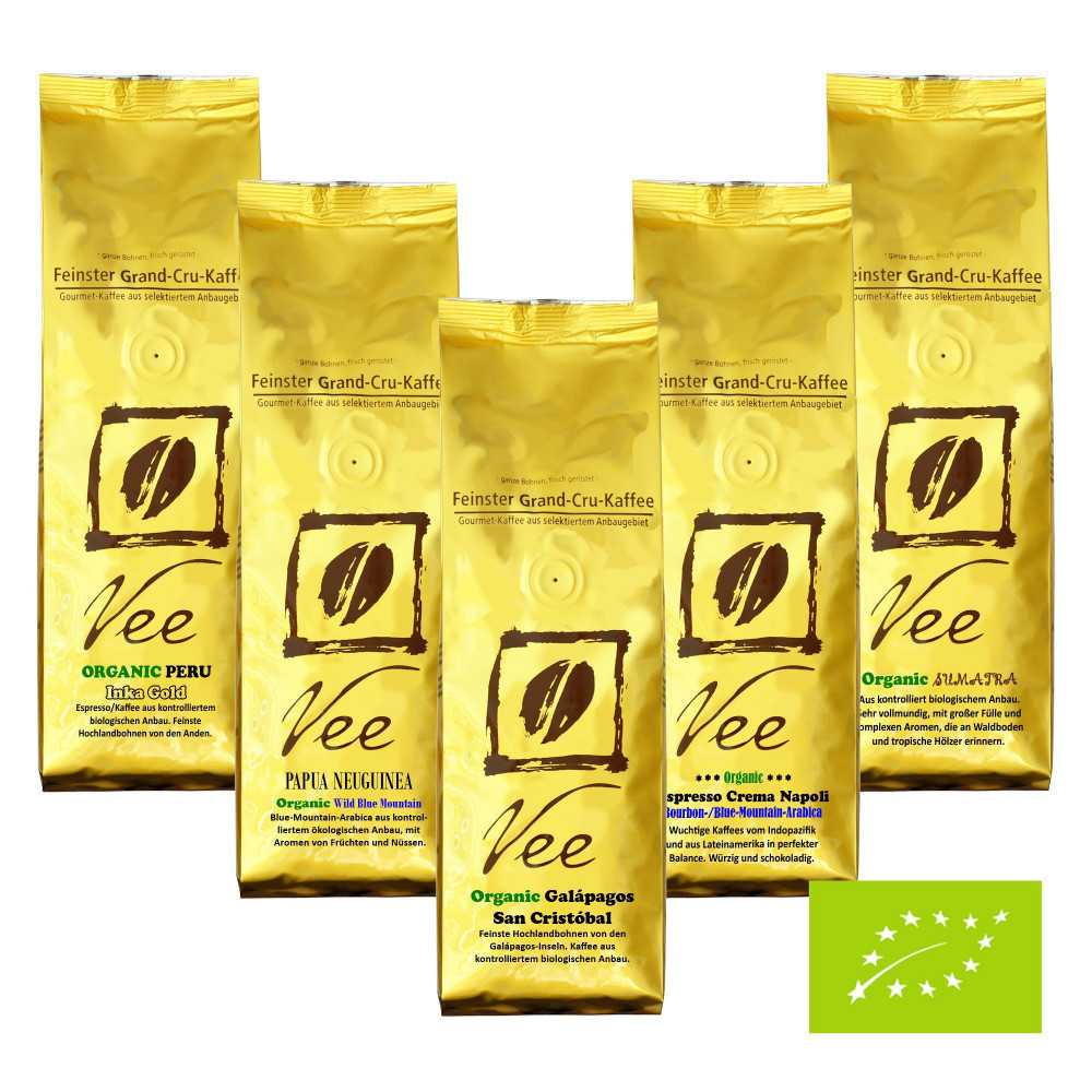 Vee's Probier-Set 5: Organic Kaffees aus kontrolliertem ökologischen Anbau - Täglich frisch und schonend für Sie geröstet. Seit